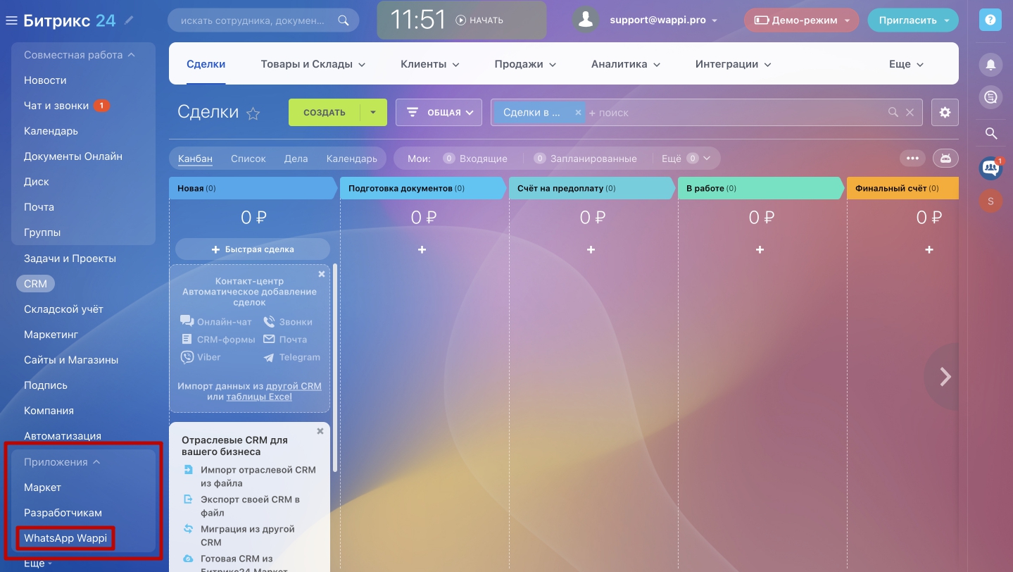 Telegram api wappi pro. Битрикс 24 CRM.